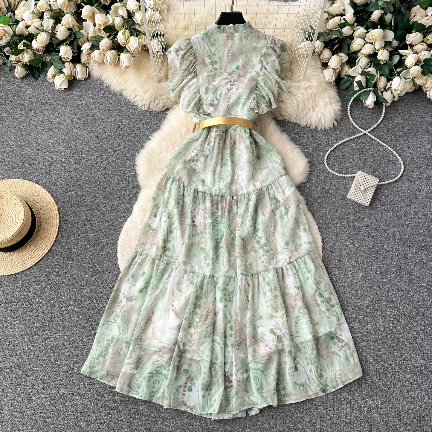 women's ruffle sleeve floral chiffon dress YM1206