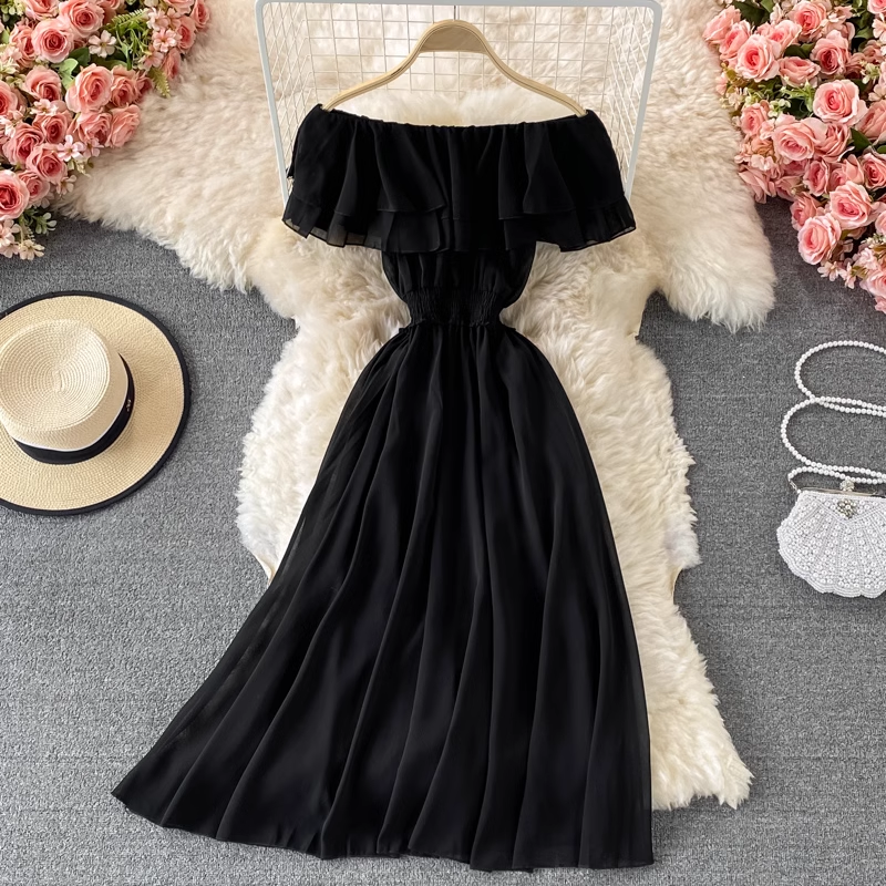 Off-the-shoulder one-shoulder ruffled chiffon dress , YM197