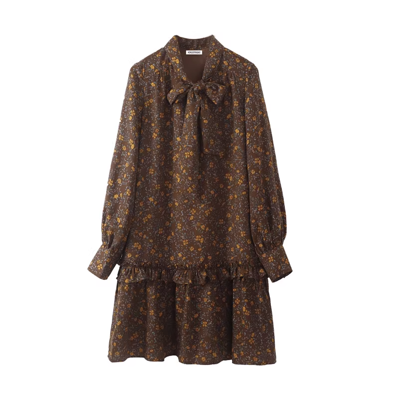 Retro loose mid-length brown strappy floral long-sleeved dress for autumn and winter women YM767