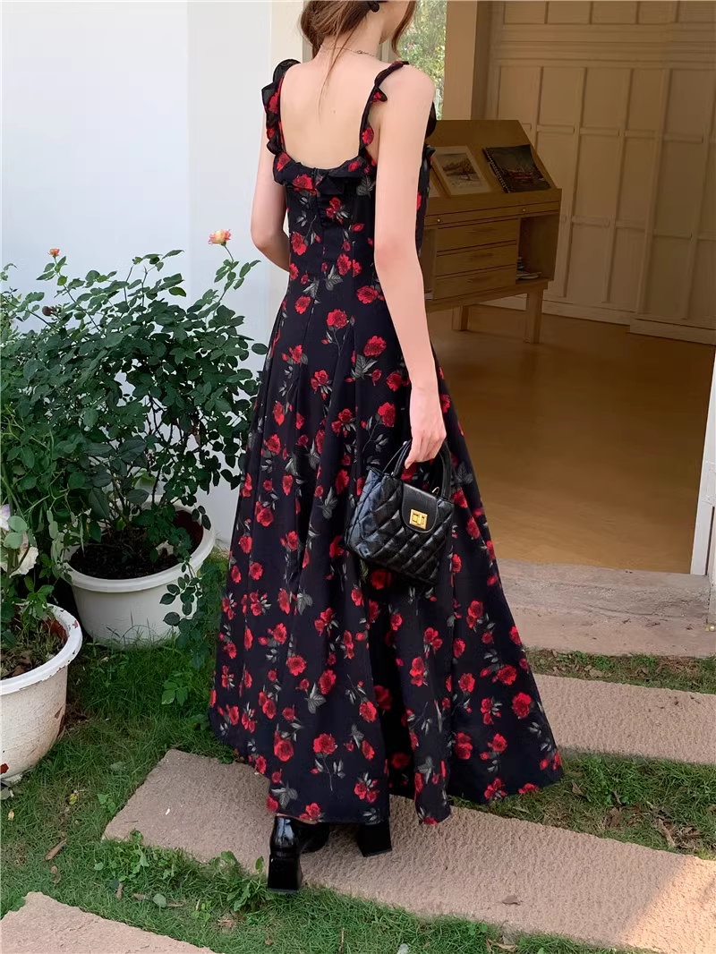 Women's summer black rose floral suspender dress YM1173