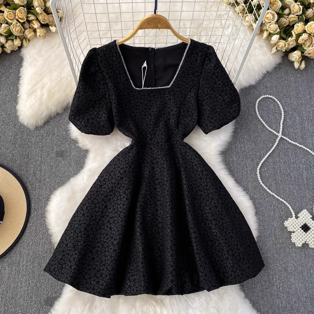 Bubble Short Sleeve Square Neck Short A-Line Puff Dress, YM252