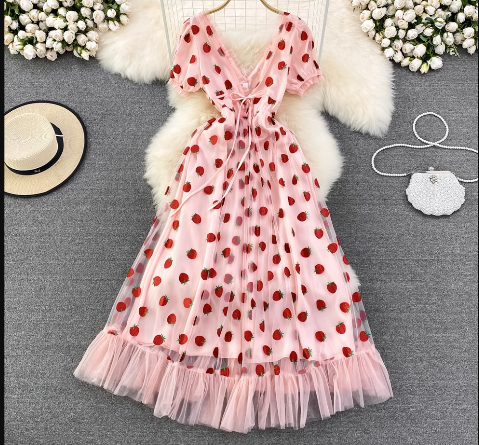 Strawberry V Neck Tulle Summer Dress ,YM222