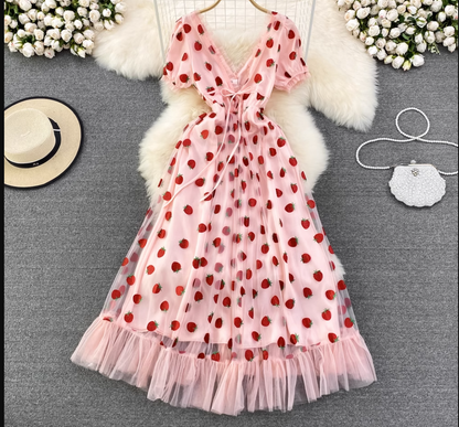 Strawberry V Neck Tulle Summer Dress ,YM222