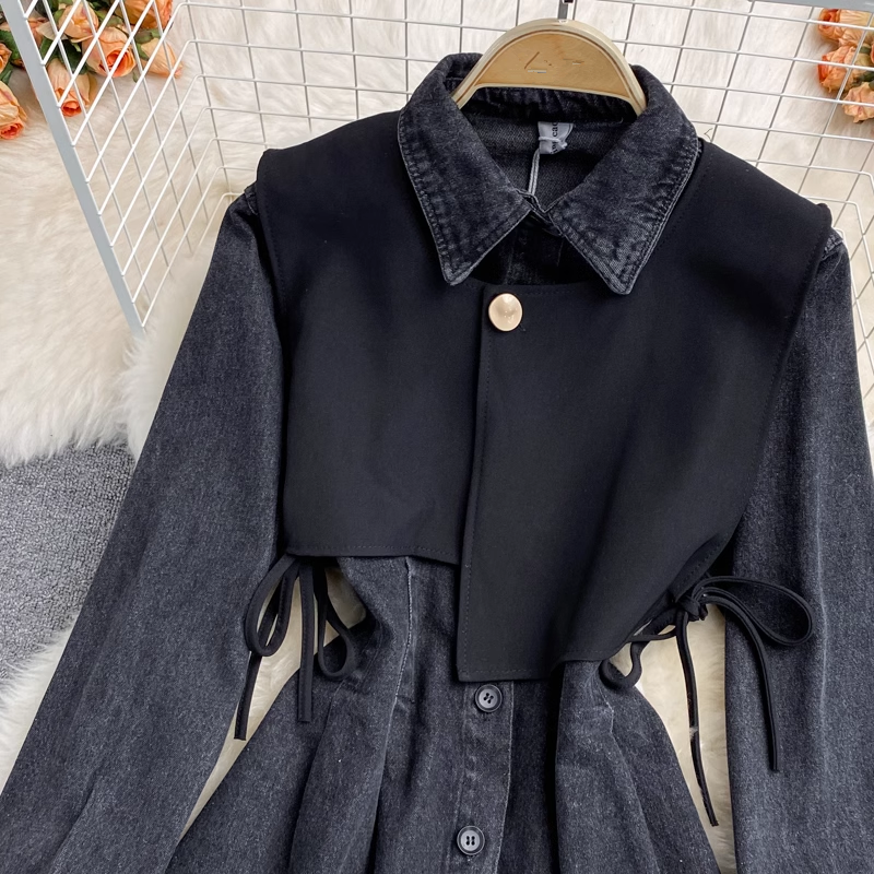 Fake two-piece vest lapel denim dress YM827