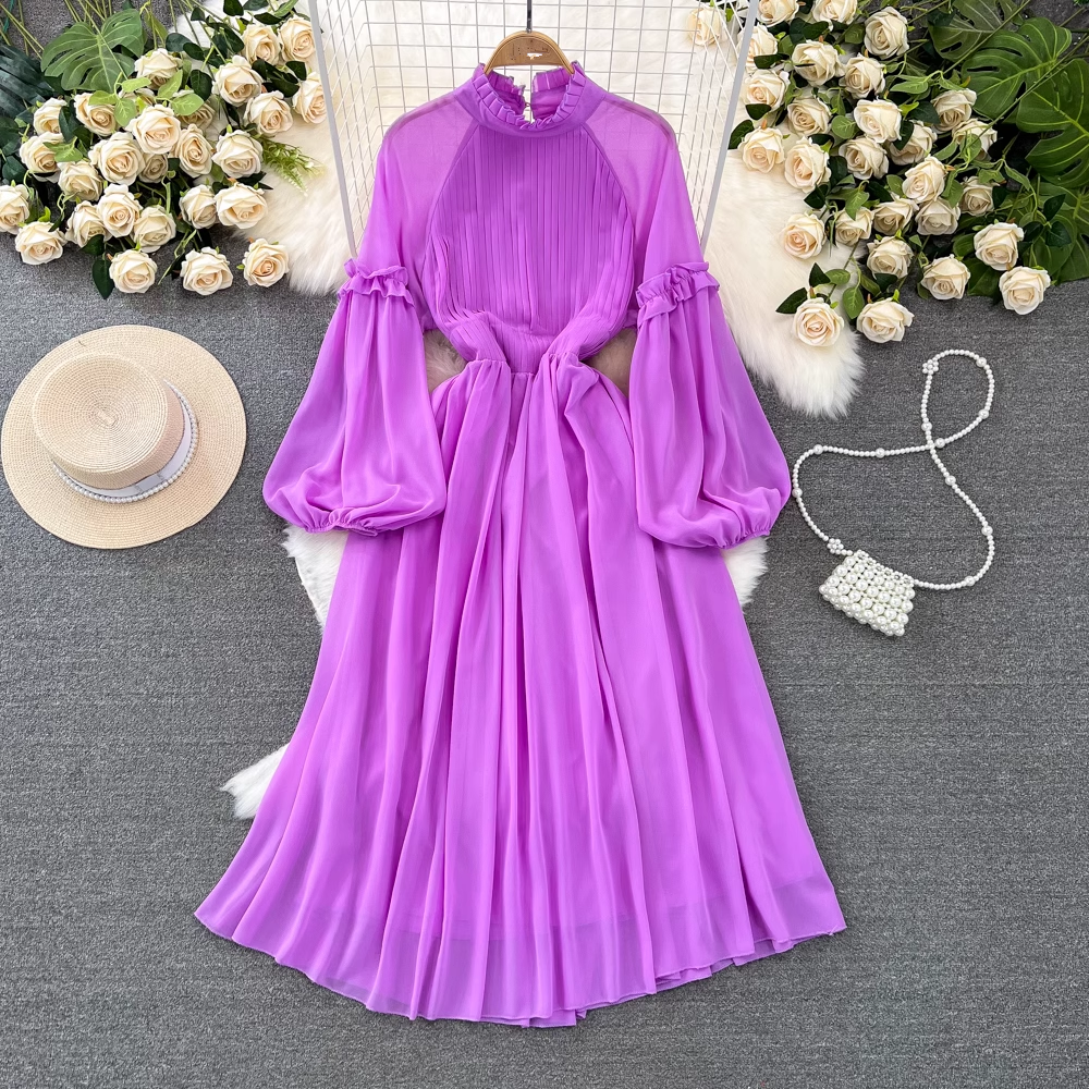 Lantern long sleeve stand collar waist a line pleated chiffon dress YM900