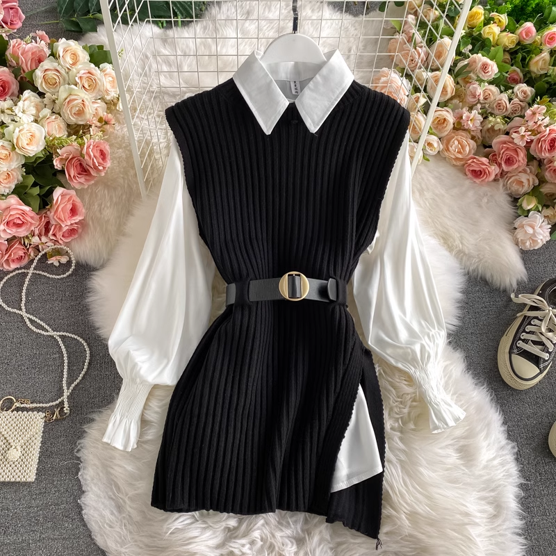 Long Shirt Tie Knit Vest Two-Piece Set, YM259