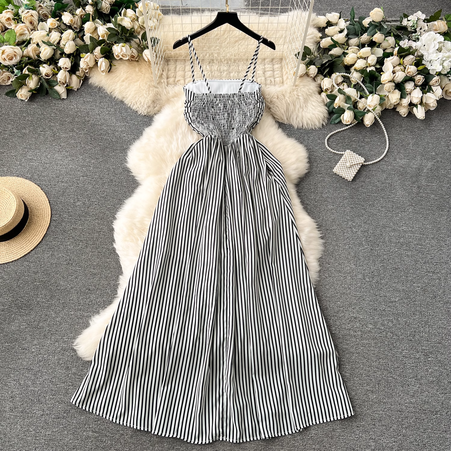 women's long striped suspender dress YM1196