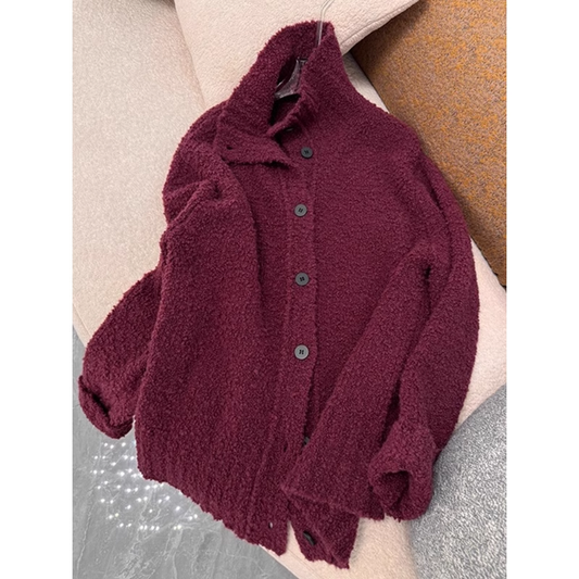 Retro Stand Collar Bouclé Knitted Cardigan Thickened Sweater Jacket YM1849