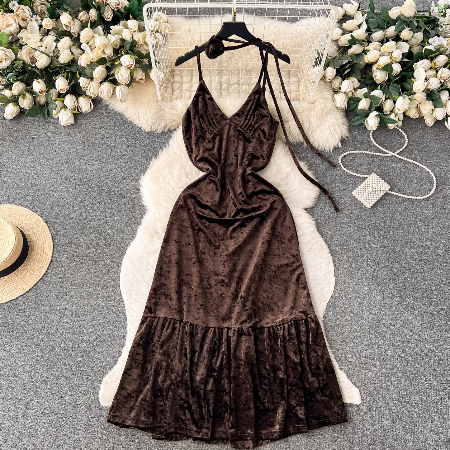 Retro velvet dress V-neck slim mid-length ruffle dress YM569