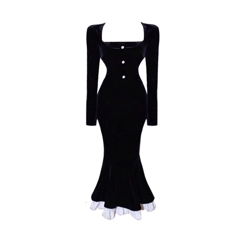 Retro mermaid dress women's autumn black retro velvet dress YM711