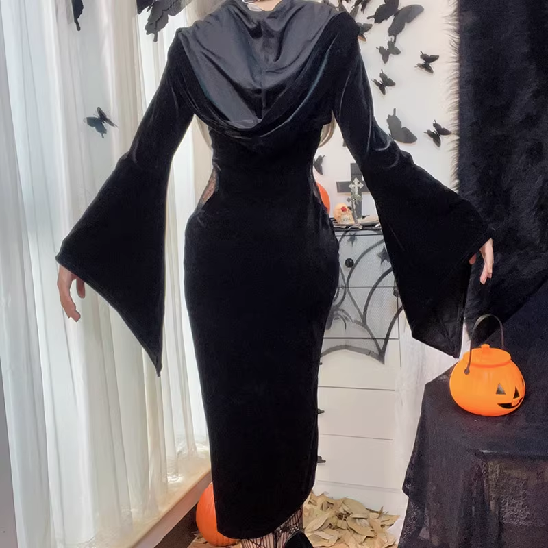 Halloween new women's suspender dress suit hooded bell sleeve spider web dress YM684