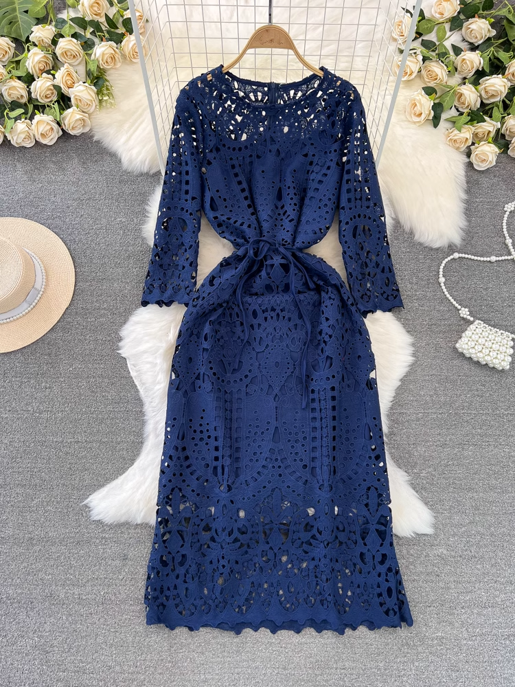 Women's long-sleeved round neck mid-length hollow lace dress YM882