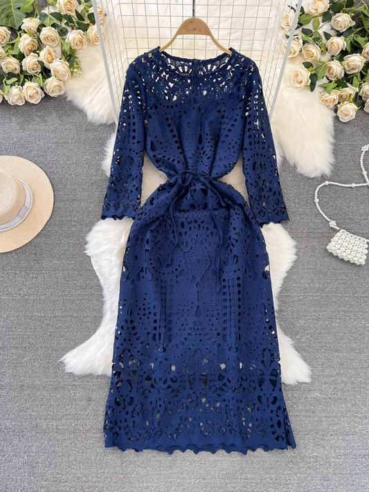 Women's long-sleeved round neck mid-length hollow lace dress YM882