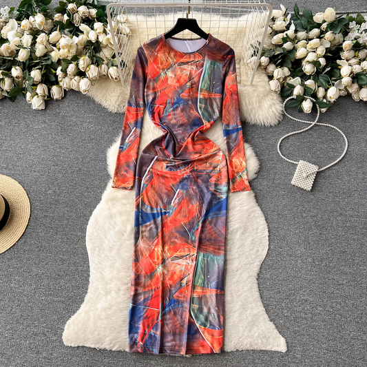 Long-sleeve tie-dye print Maxi Dress YM407