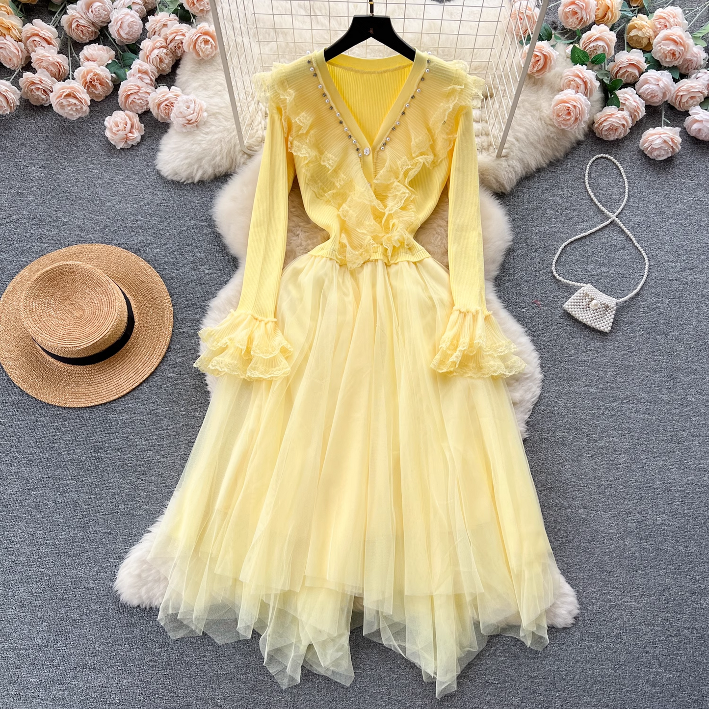 V-neck knitted splicing mesh fluffy irregular dress for women YM429