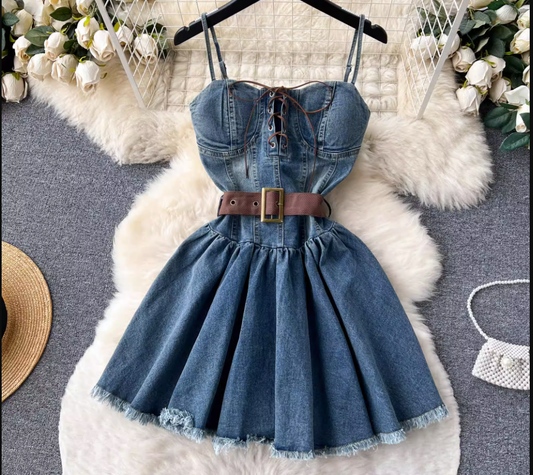 Retro Temperament Bandage Design Denim Dress ,YM108