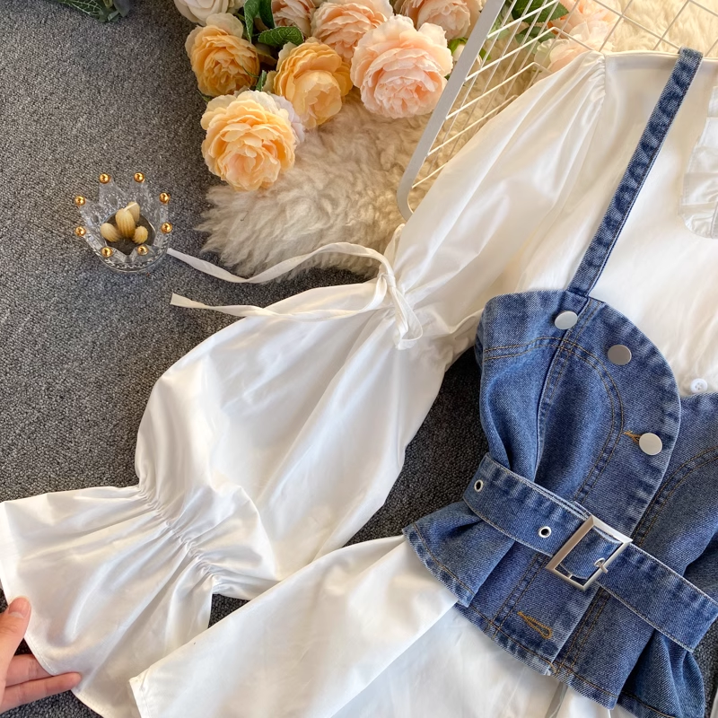 Retro Blouses Women's puff sleeve loose all-match denim camisole stacked two-piece suit,YM133