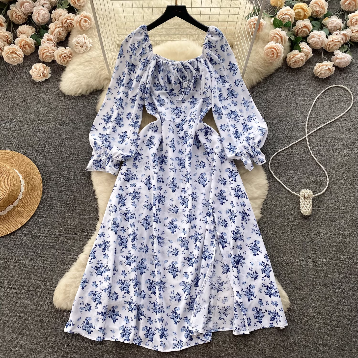 Floral Square Neck Puff Sleeve Dress YM397