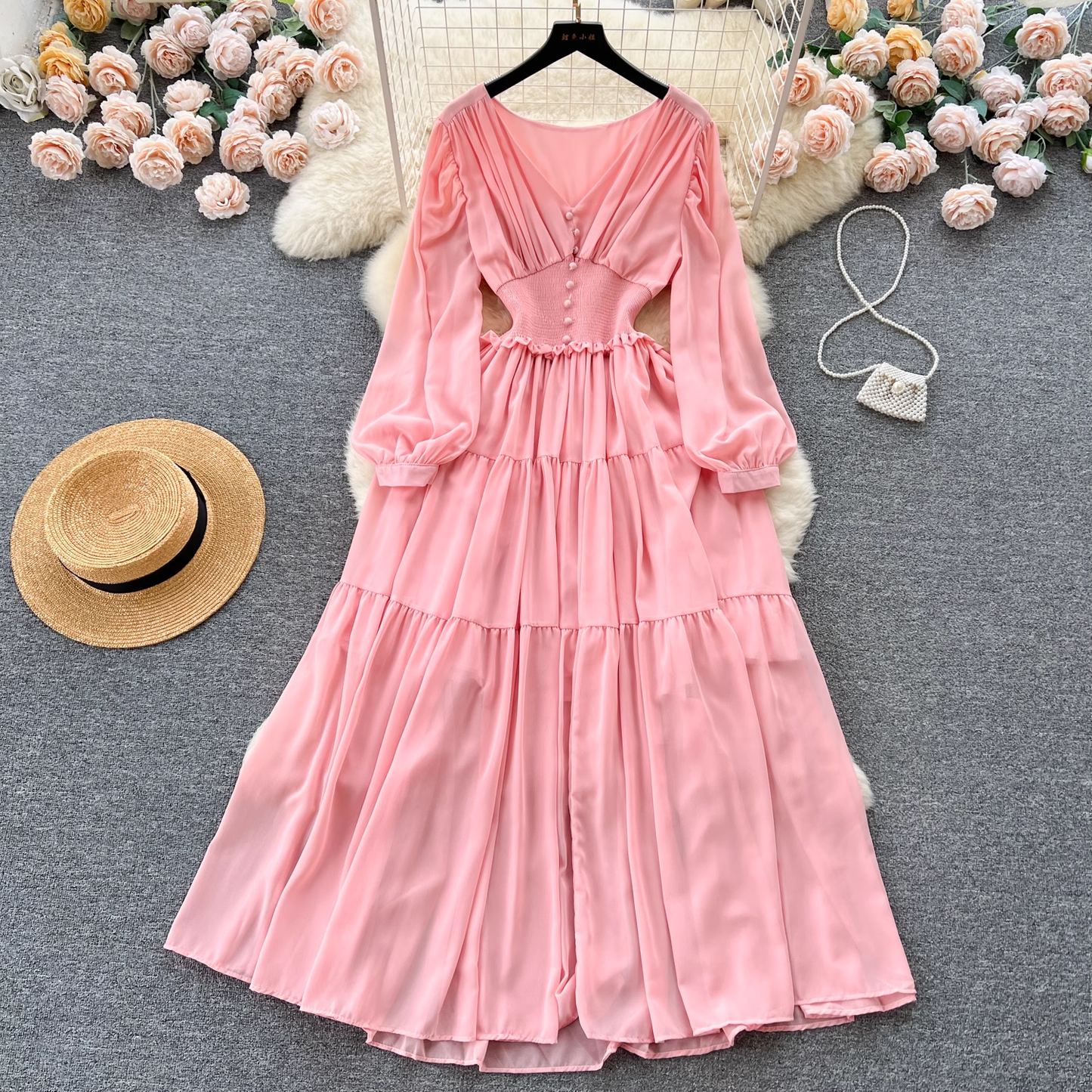 Elegant V-neck long-sleeved waist chiffon dress YM305