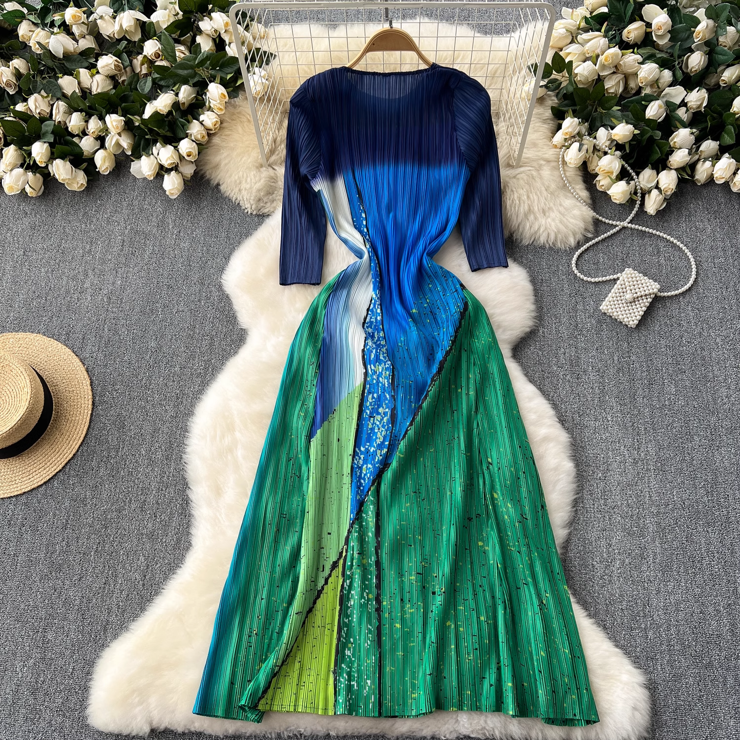 Fashionable color block pleated long dress YM1085