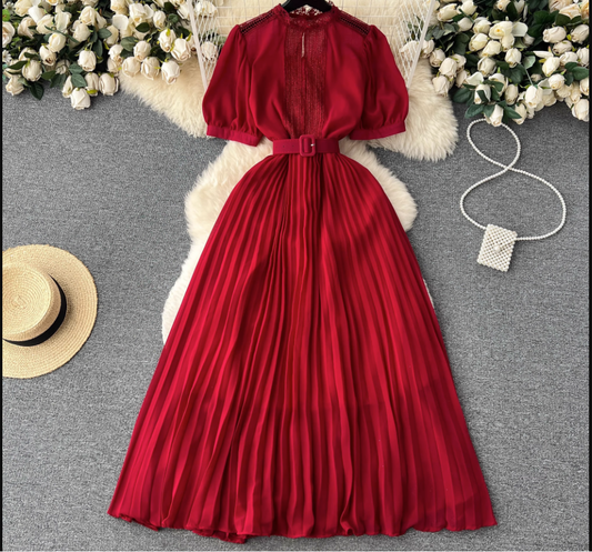 Turtleneck Puff Sleeve Pressed Pleated Dress,YM115