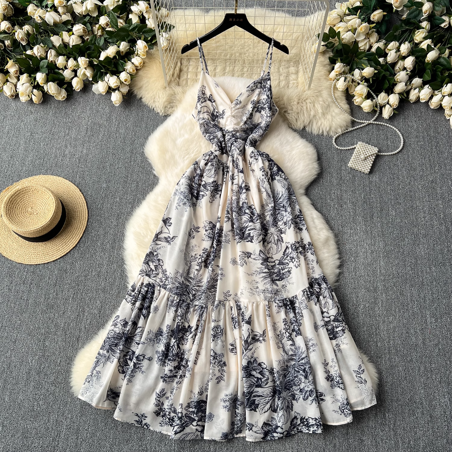 Women's summer retro ink print suspender dress YM1120