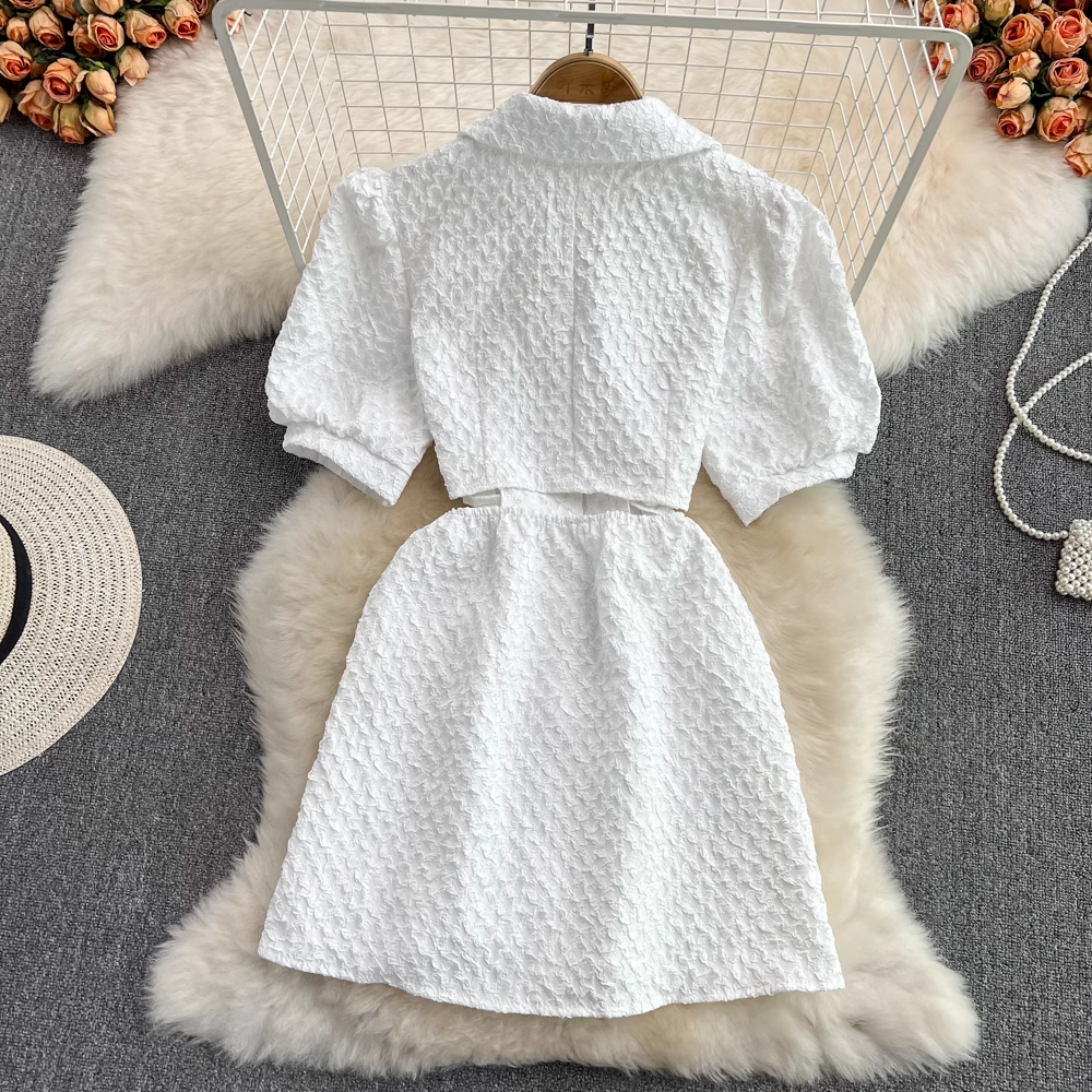 White Bubble Short Sleeve Mini Dress,YM215