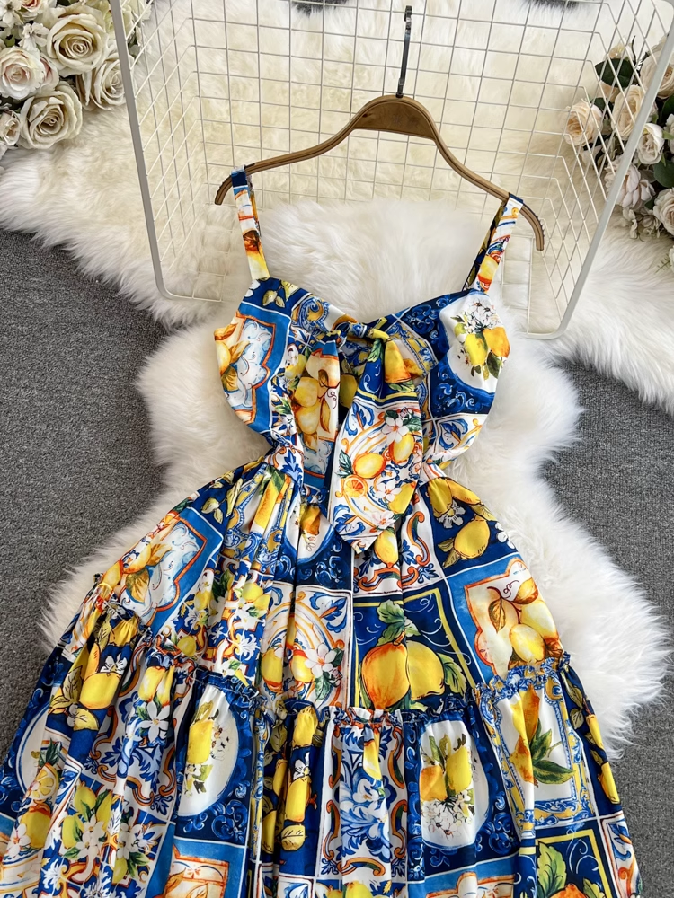 Mid-length a-line lemon print suspender dress seaside vacation long dress YM885