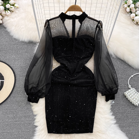 V-neck mesh lantern long-sleeved patchwork A-line sequin dress YM820