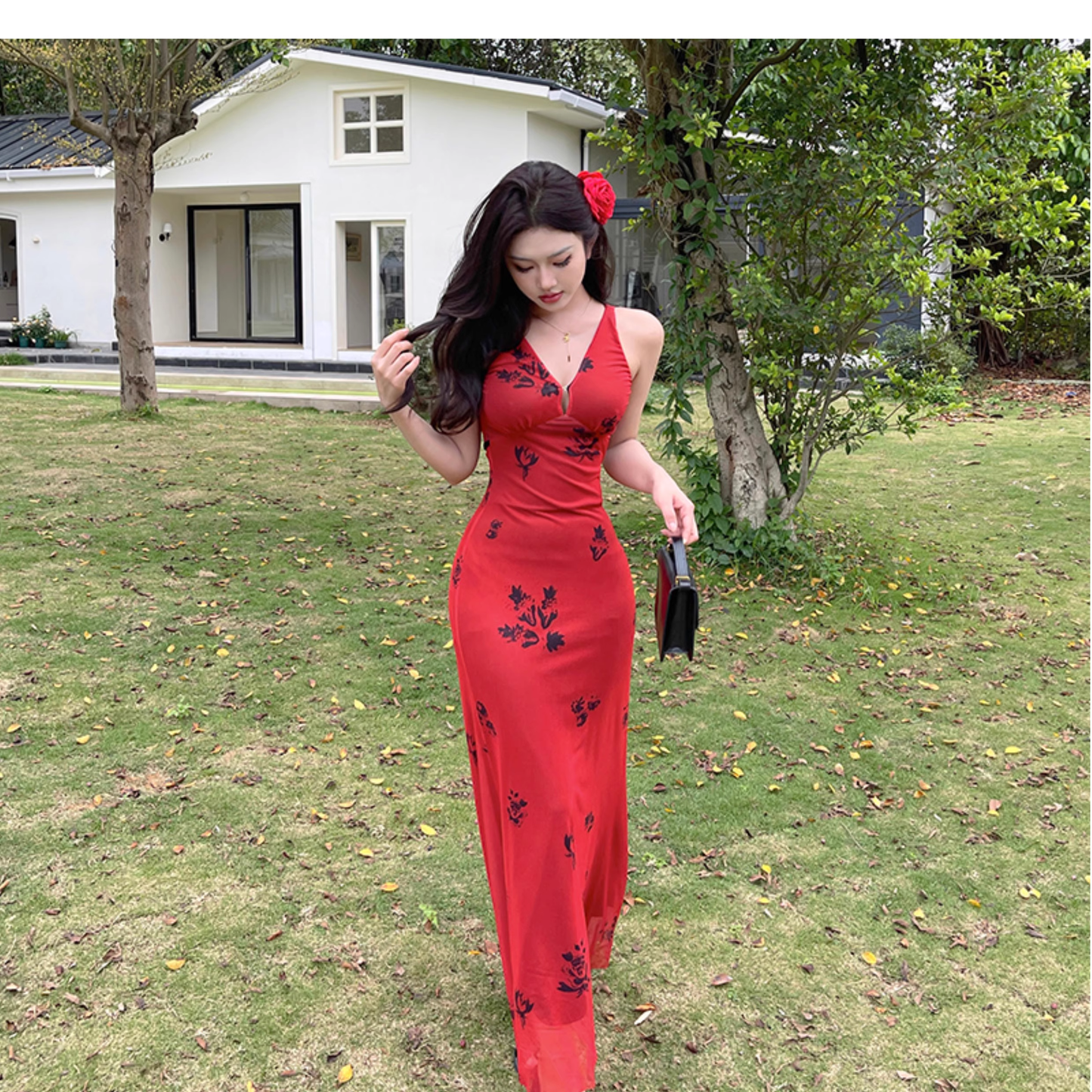 French printed red V-neck suspender dress for women in summer YM1066