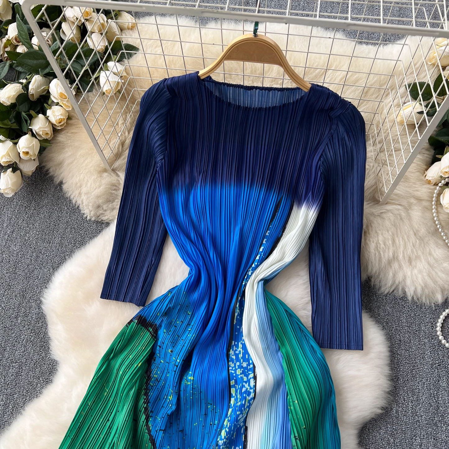 Fashionable color block pleated long dress YM1085