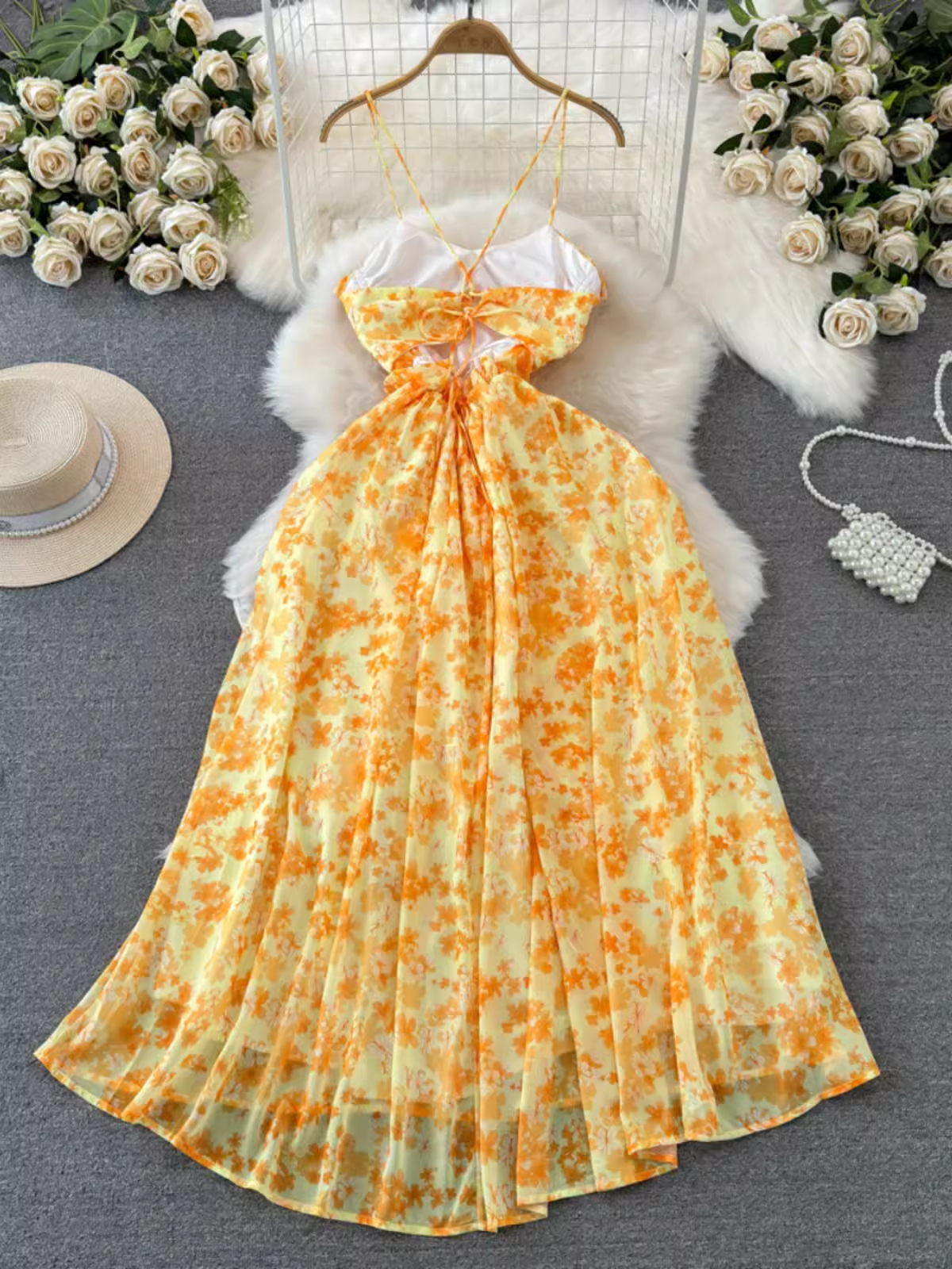 Summer beach resort style yellow floral dress YM1022