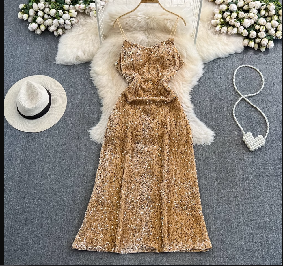 Sleeveless mid-length a-line sparkling sequin suspender dress YM840