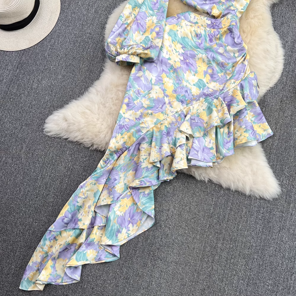 One Sleeve Ruffle Floral Dress, YM241