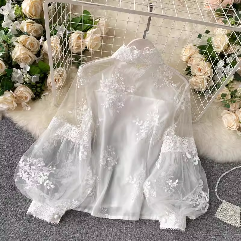 Mesh lace top women's stand-up collar three-dimensional embroidery puff sleeve court style Lace Blouses,YM25