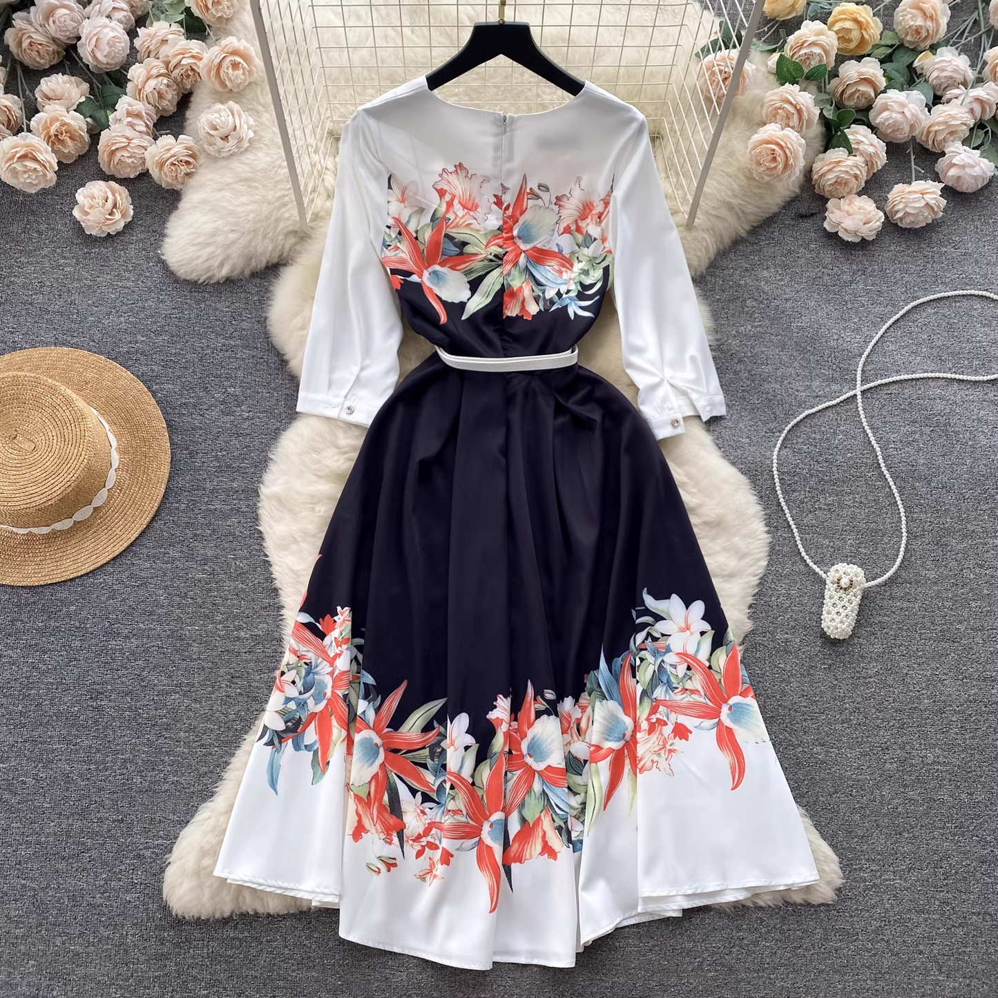 women's summer printed five quarter sleeve dress YM331