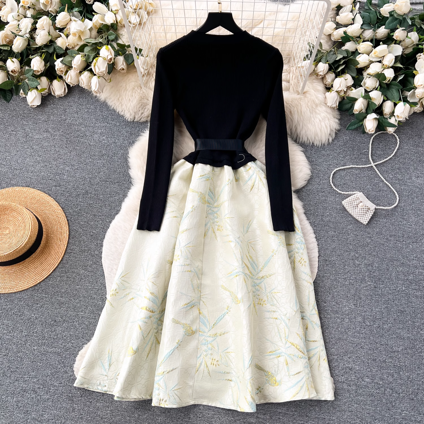 Autumn and winter knitted splicing jacquard puffy dress YM533