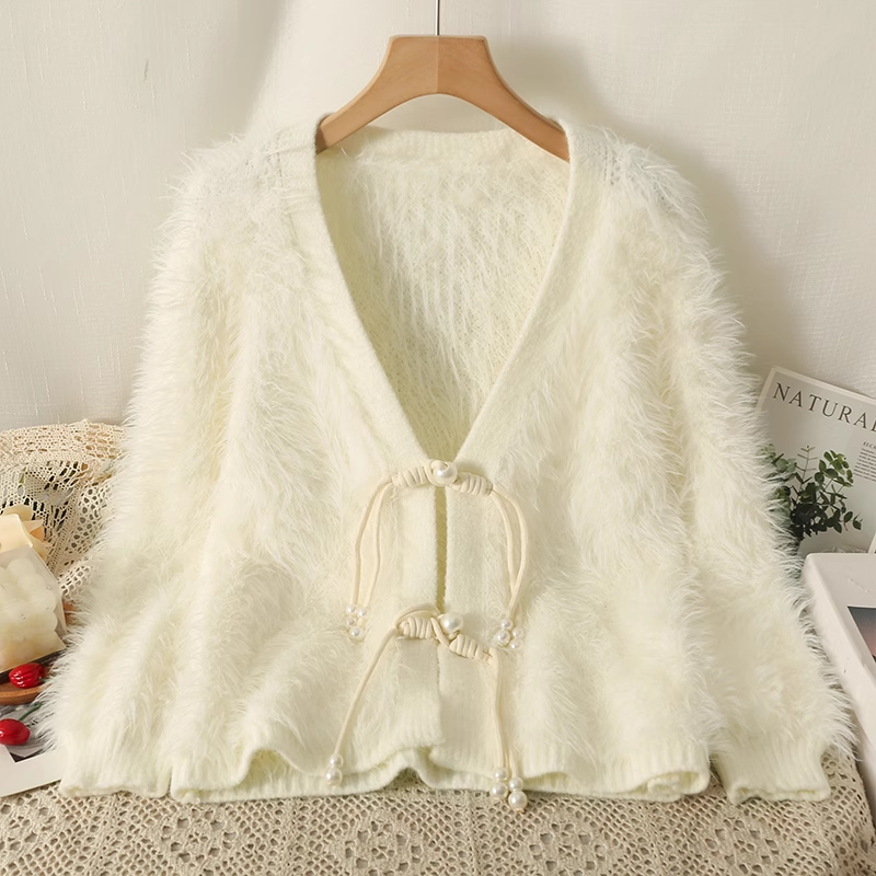 New style pearl buckle V-neck knitted cardigan women's plush sweater coat YM361