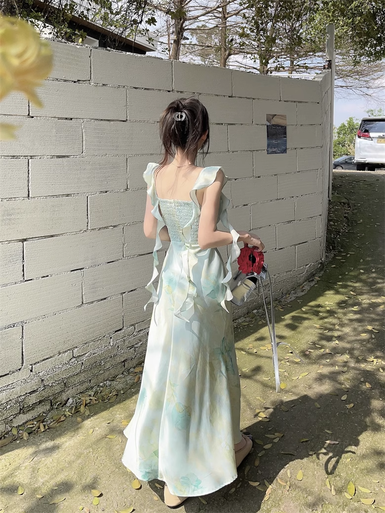 Romantic style green smudged flower ribbon suspender dress YM1158