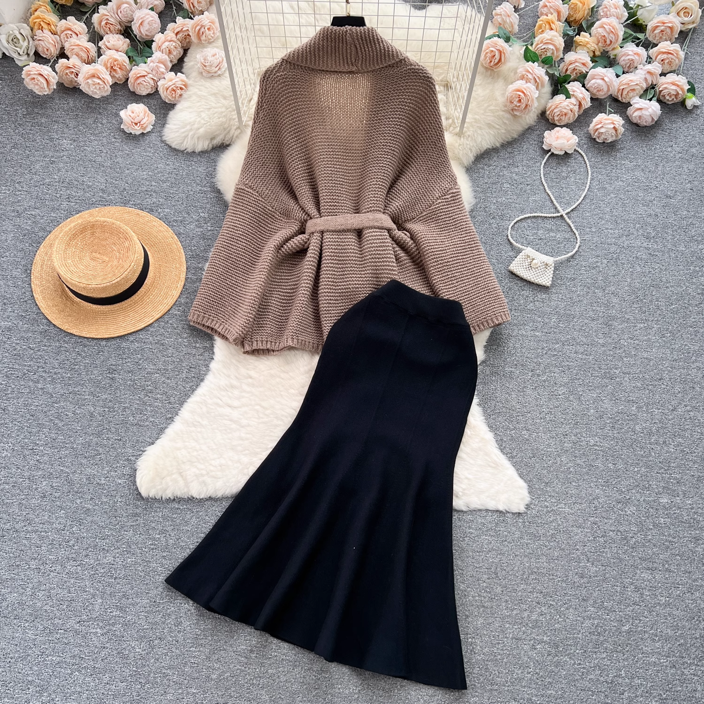 Elegant sweater jacket, versatile fishtail skirt two-piece trendy set,black dress YM615