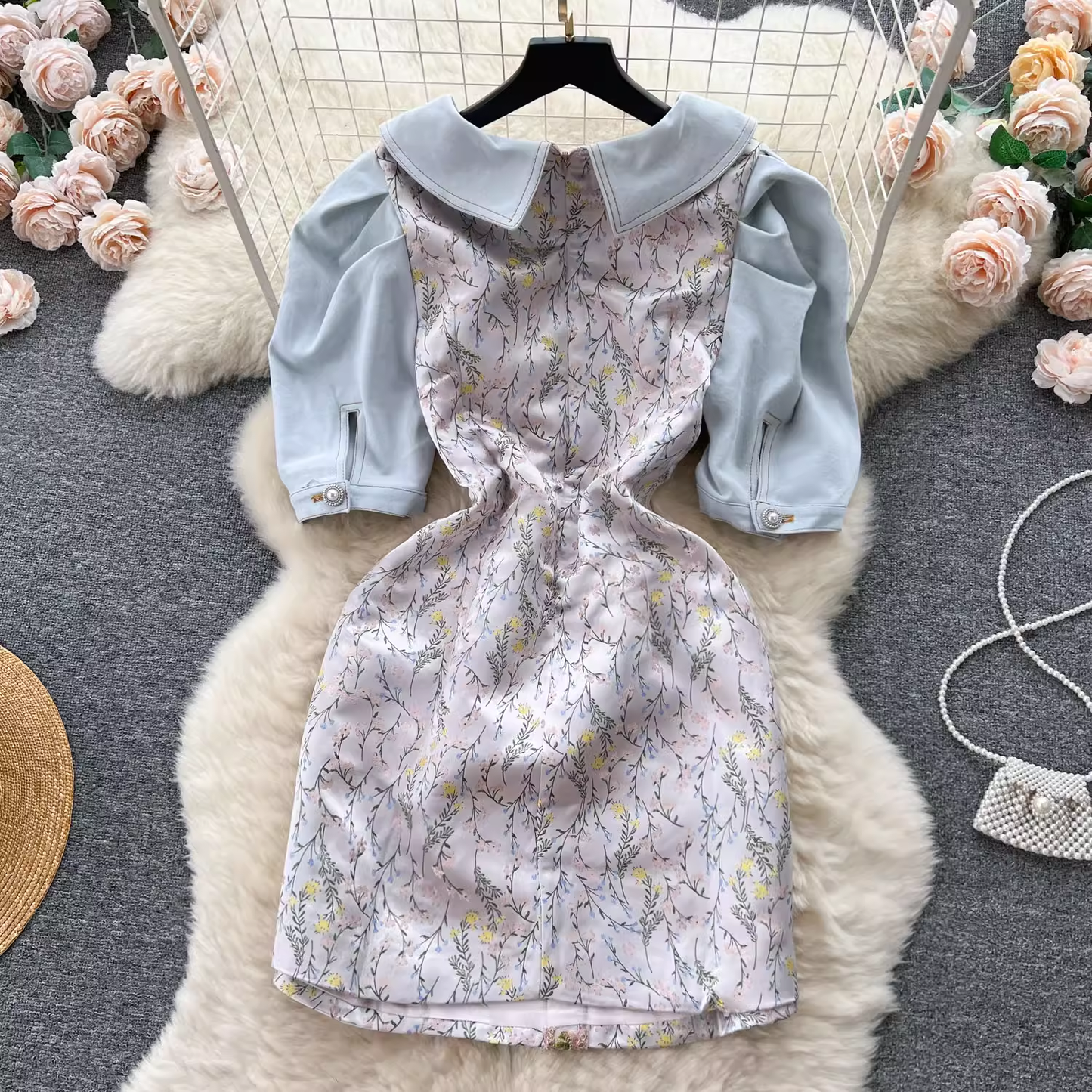 Light luxury denim splicing heavy embroidery slim short dress for women summer YM616