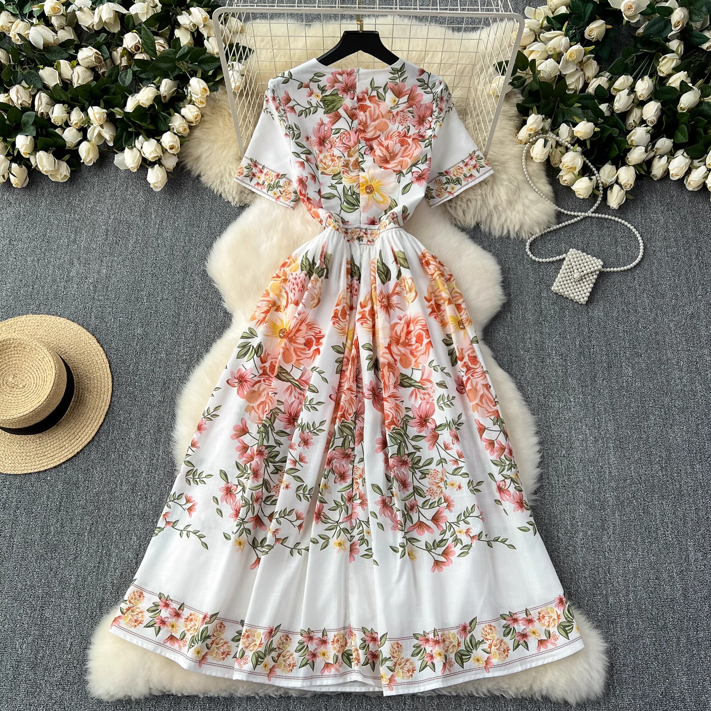 Summer new style French retro palace style printed dress YM1119