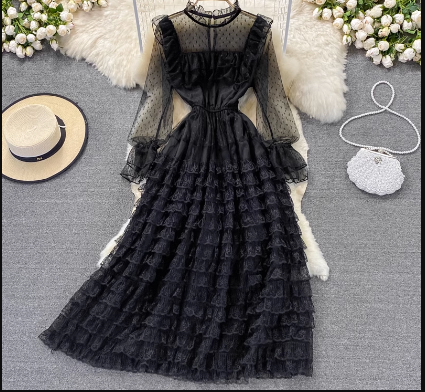 Retro trumpet-sleeve tulle dress ,YM186