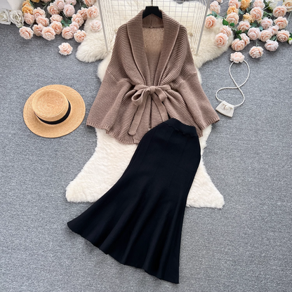 Elegant sweater jacket, versatile fishtail skirt two-piece trendy set,black dress YM615