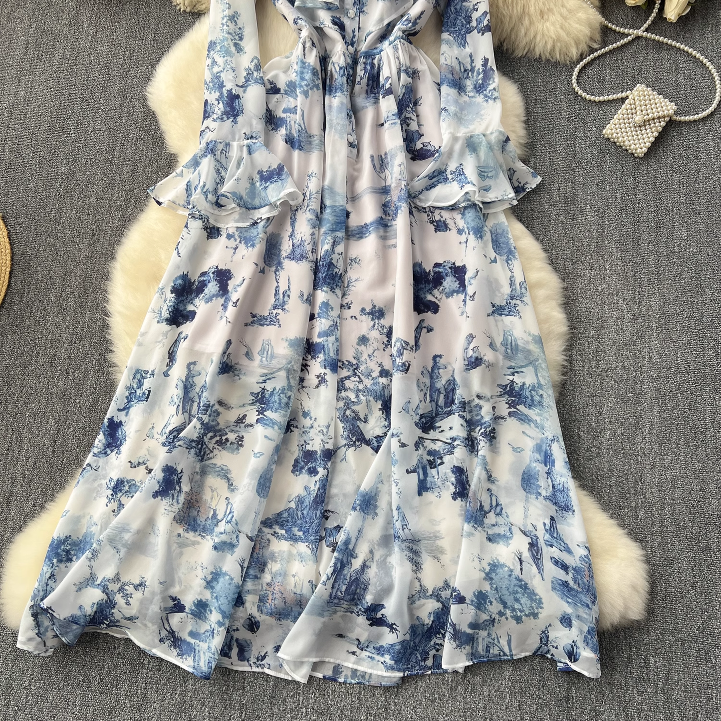 Retro elegant ink print chiffon dress YM1087