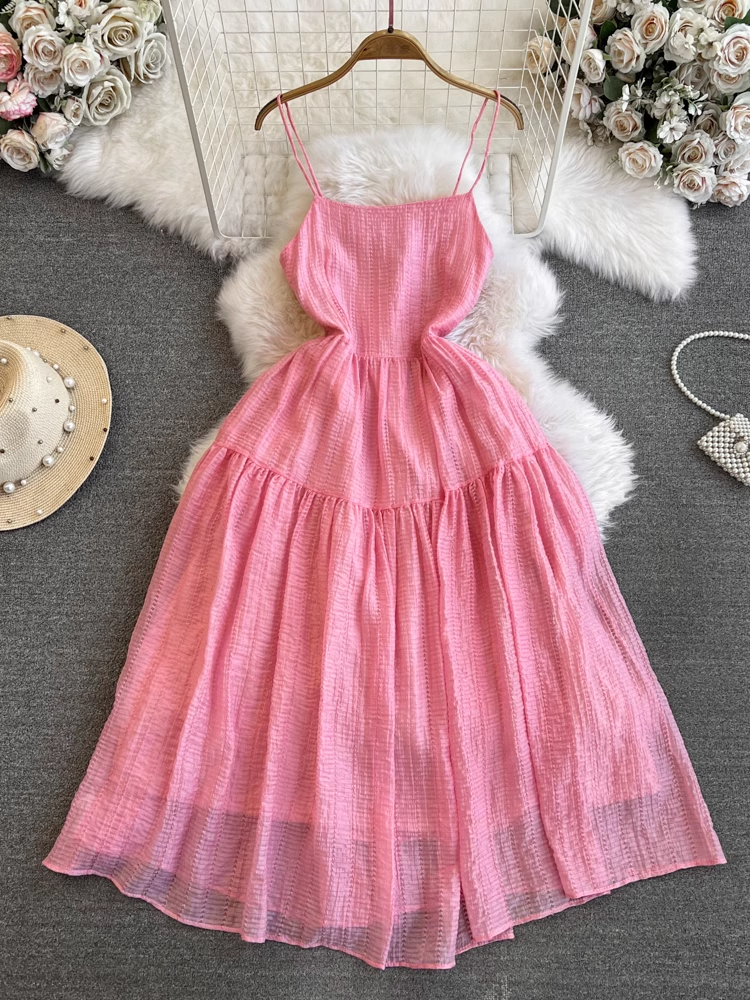 Pink a-line dress seaside vacation long dress YM1023