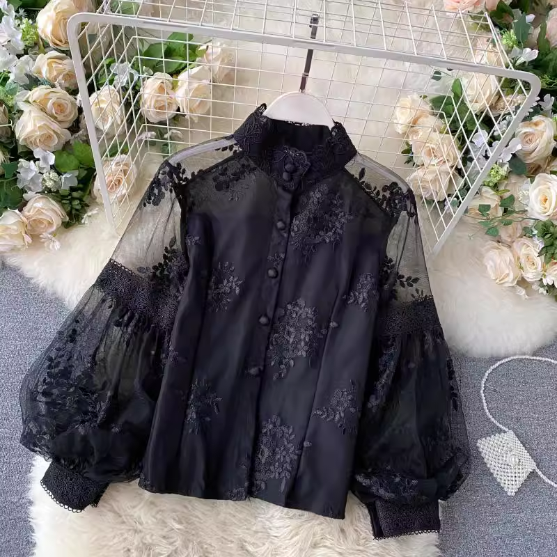 Mesh lace top women's stand-up collar three-dimensional embroidery puff sleeve court style Lace Blouses,YM25