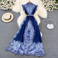 Retro palace style single-breasted lapel printed dress elegant a-line long skirt YM837