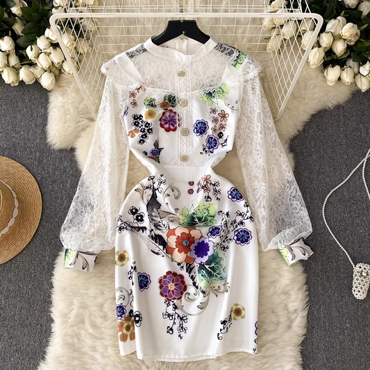 Elegant lace mosaic long sleeve printed dress for women,YM156