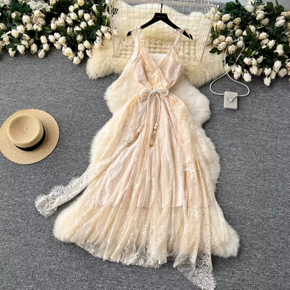 Lace hollow ribbon irregular backless dress YM1466